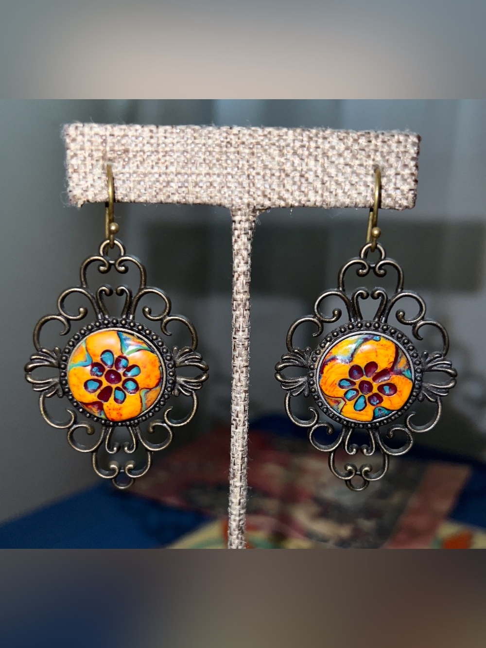 Handmade Boho Brass Filigree
Flower Statement Drop Earrings 2.5” MWOT